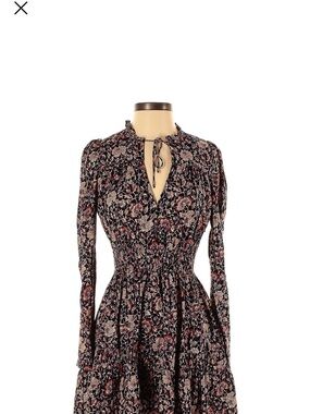Floral Long Sleeve Tie-Neck Midi Dress - Black Multi